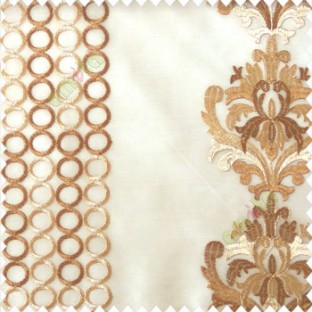 Brown beige color combination traditional damask vertical circles stripes geometric designs embroidery poly fabric sheer curtain