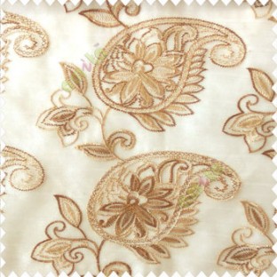Brown beige color traditional paisley design leaf swirls star flower zigzag stitched with net background poly fabric sheer curtain