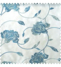 Beautiful natural blue cream color rose flower with longleaf embroidery floral pattern tendril flower poly fabric sheer curtain