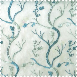 Blue grey color combination natural old tree floral cotton buds branches flowing designs net background embroidery patterns poly fabric sheer curtain