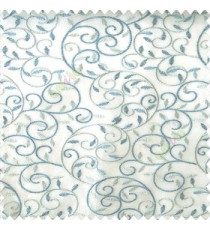 Blue white color beautiful embroidery swirl pattern leaf spring zigzag stitched designs poly fabric sheer curtain 