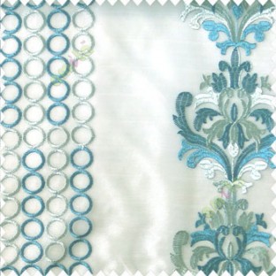 Blue grey color combination traditional damask vertical circles stripes geometric designs embroidery poly fabric sheer curtain