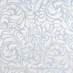 Blue color busy pattern with swirls floral leaf designs vertical thin lines polycotton main curtain