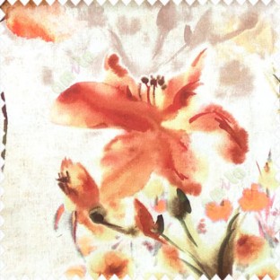 Elegant look orange green cream grey brown color natural lily flower floral designs small flower and buds watercolor print pure cotton curtain fabric