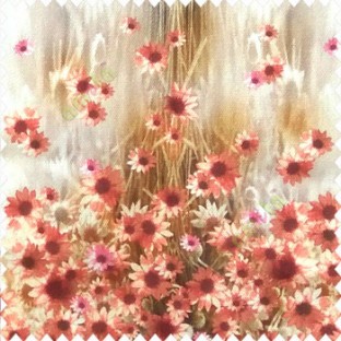 Red brown green pink cream color combination small water lily flower pattern vertical grass blurry background watercolor print flower buds pure cotton main curtain
