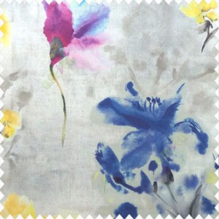Elegant look blue yellow grey pink purple color natural lily flower floral designs small flower and buds watercolor print pure cotton curtain fabric