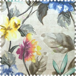 Beautiful natural blue grey yellow pink purple green cream color philodendron leaf big leaf flower bird of paradise flower pattern watercolor print pure cotton main curtain