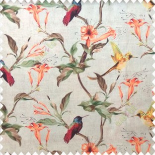 Orange yellow green brown pink cream color beautiful natural flower tree elegant look flying birds glowing flower and flower buds watercolor print pure cotton main curtain
