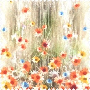 Orange brown blue green yellow color combination small water lily flower pattern vertical grass blurry background watercolor print flower buds pure cotton main curtain