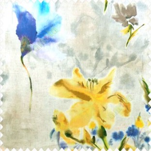 Elegant look yellow blue green brown grey color natural lily flower floral designs small flower and buds watercolor print pure cotton curtain fabric