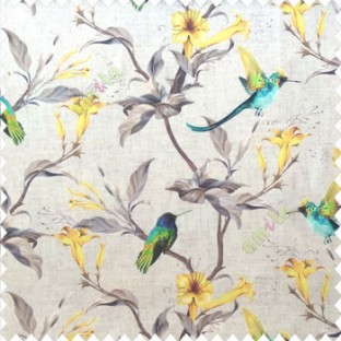 Yellow green purple brown cream color beautiful natural flower tree elegant look flying birds glowing flower and flower buds watercolor print pure cotton main curtain