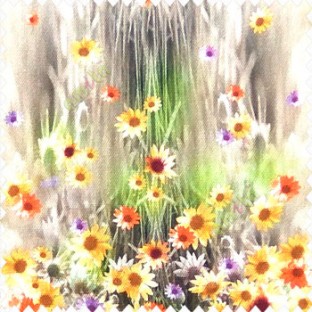 Yellow orange purple green brown color combination small water lily flower pattern vertical grass blurry background watercolor print flower buds pure cotton main curtain