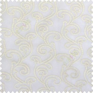 Pure white color traditional bold swirls floral pattern continues repeat design embroidery soft thread work poly fabric sheer curtain