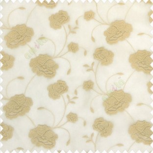 Beige gold color beautiful flower design embossed embroidery thread work beautiful look tendril leaf flower buds soft touch poly fabric sheer curtain