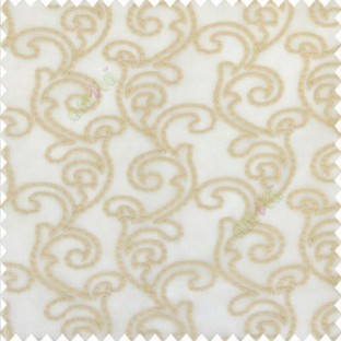 Beige gold color traditional bold swirls floral pattern continues repeat design embroidery soft thread work poly fabric sheer curtain
