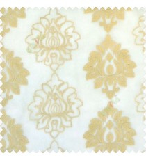 Beige gold color traditional damask vertical designs floral and sharp edge designs embroidery soft thread work poly fabric sheer curtain