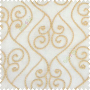 Beige gold color traditional ogee designs digital lines single lines swirls embroidery soft thread work poly fabric sheer curtain