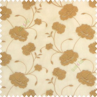 Brown gold color beautiful flower design embossed embroidery thread work beautiful look tendril leaf flower buds soft touch poly fabric sheer curtain