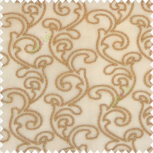 Brown gold color traditional bold swirls floral pattern continues repeat design embroidery soft thread work poly fabric sheer curtain