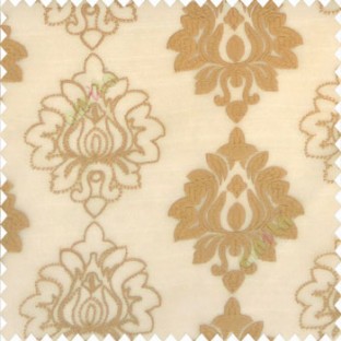 Brown gold color traditional damask vertical designs floral and sharp edge designs embroidery soft thread work poly fabric sheer curtain