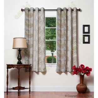 Pure White Beige Color Horizontal Stripes with Emb Paisley Design Polyester Sheer Curtain-Designs