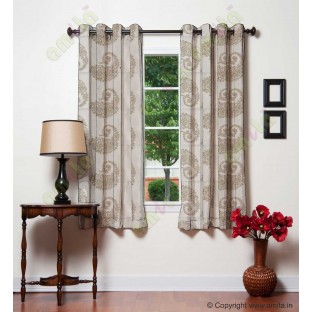Pure White Brown Color Horizontal Stripes with Emb Paisley Design Polyester Sheer Curtain-Designs