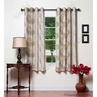 Pure White Gold Color Horizontal Stripes with Emb Paisley Design Polyester Sheer Curtain-Designs