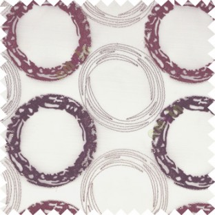 Large purple and silver beige hand scribble circles on white transparent sheer curtain