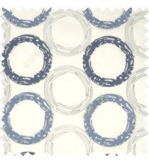Large royal blue and silver hand scribble circles on white transparent sheer curtain