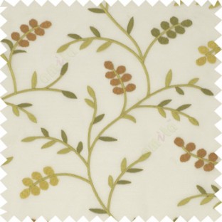 Green orange beige white color natural look beautiful floral twig pattern leaf flower buds circles embroidery designs with thick fabric poly sheer curtain