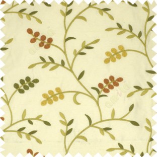 Green orange cream green color natural look beautiful floral twig pattern leaf flower buds circles embroidery designs with thick fabric poly main curtain