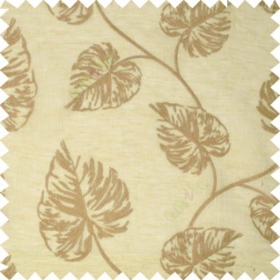 Brown beige beautiful big leaf self design transparent background linen embroidery sheer curtain