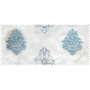 Aqua blue white embroidery motive design poly sheer curtain designs