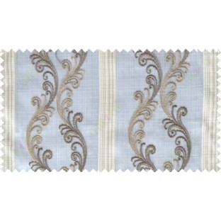 White brown grey beige traditional motif with vertical pencil stripes poly sheer curtain designs