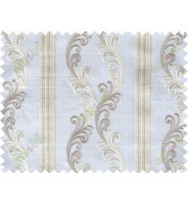 White brown beige traditional motif with vertical pencil stripes poly sheer curtain designs