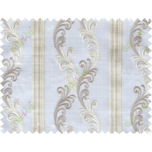 White brown beige traditional motif with vertical pencil stripes poly sheer curtain designs