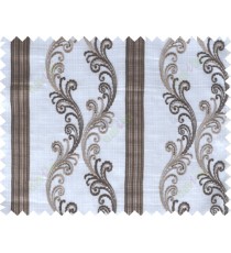 Chocolate brown white traditional motif with vertical pencil stripes poly sheer curtain designs