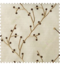Dark chocolate brown beige color natural beautiful twig design circles cotton buds embroidery pattern polyester sheer curtain