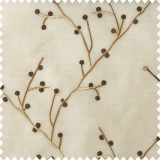Dark chocolate brown beige color natural beautiful twig design circles cotton buds embroidery pattern polyester sheer curtain