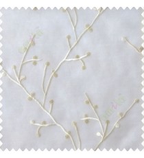 White cream color natural beautiful twig design circles cotton buds embroidery pattern polyester sheer curtain