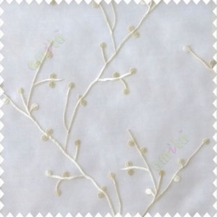 White cream color natural beautiful twig design circles cotton buds embroidery pattern polyester sheer curtain