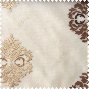 Dark chocolate brown with beige color traditional embroidery damask pattern with transparent material with horizontal thin stripes polyester sheer curtain