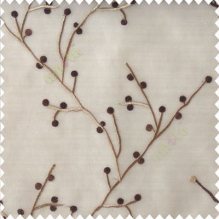 Dark brown with light brown color natural beautiful twig design circles cotton buds embroidery pattern polyester sheer curtain