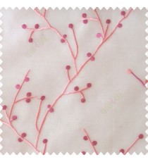 Pink white color natural beautiful twig design circles cotton buds embroidery pattern polyester sheer curtain