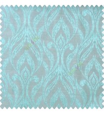 Blue beige color traditional floral design vertical damask pattern swirls longleaf texture surface polyester main curtain
