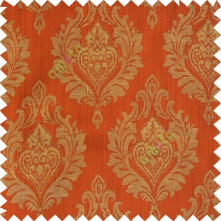Orange red beige color beautiful damask design floral leaf borders swirl vertical thin lines polyester texture base fabric main curtain