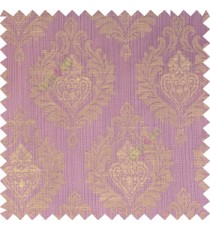 Purple beige cream color beautiful damask design floral leaf borders swirl vertical thin lines polyester texture base fabric main curtain