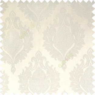 White color beautiful damask design floral leaf borders swirl vertical thin lines polyester texture base fabric main curtain