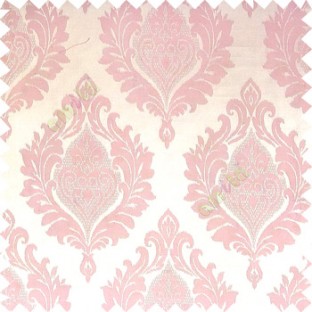 Baby pink cream color beautiful damask design floral leaf borders swirl vertical thin lines polyester texture base fabric main curtain