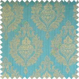 Blue grey beige color beautiful damask design floral leaf borders swirl vertical thin lines polyester texture base fabric main curtain
